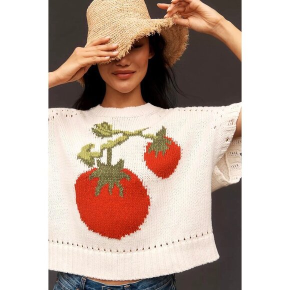 Maeve Short-Sleeve Crew-Neck Veggie Motif Graphic Sweater Tomato XLP - Picture 3 of 3